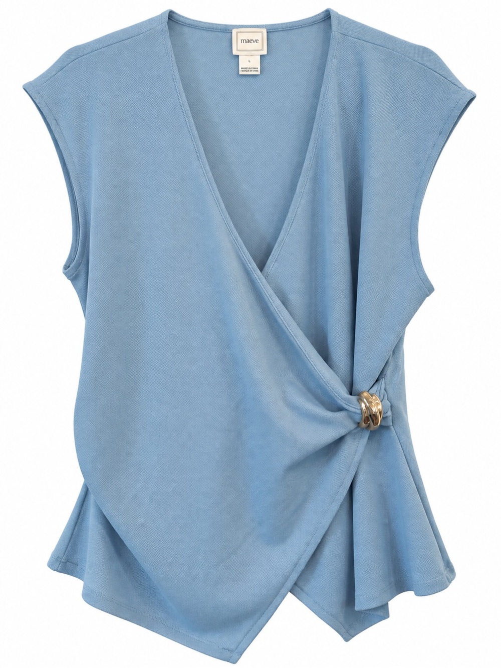 Maeve Light Blue Sleeveless Wrap Top with Ring Accent